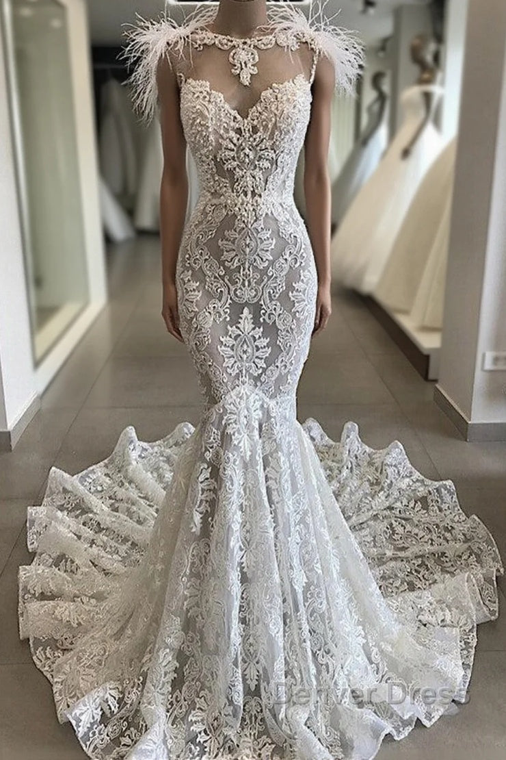 Fit and Flare Lace Crystals Necklace Wedding Dresses Open Back Bridal Gown with Feather