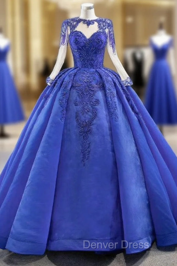 Fit Your Body Type Royal Blue Ball Gown Organza Beading Long Sleeve Prom Dresses Main image
