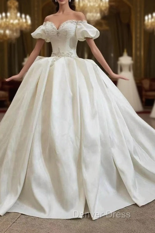 Fit Your Fashion Sense Ivory White Ball Gowns Satin Puff Sleeve Beading Backless Wedding Dresses