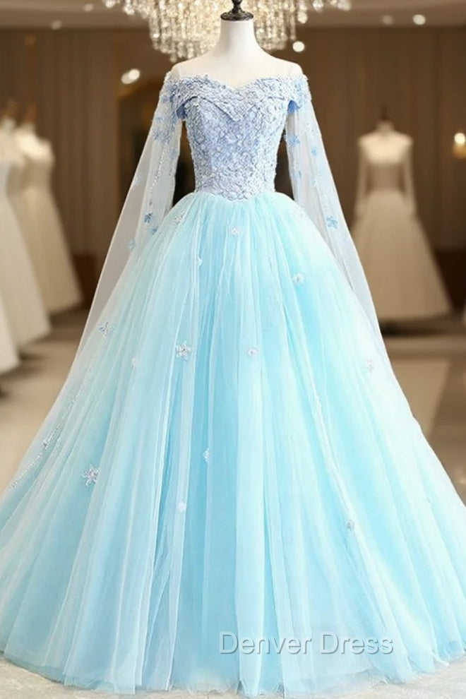 Fit Your Fashion Sense Light Blue Ball Gowns Tulle Off the Shoulder Appliques Quinceanera Dresses