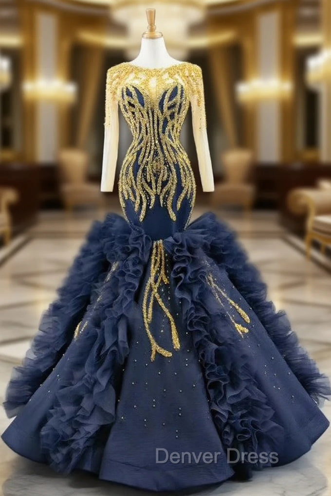 Fit Your Fashion Sense Navy Blue Mermaid Long Sleeve Satin Tulle Beading Prom Dresses