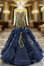 Fit Your Fashion Sense Navy Blue Mermaid Long Sleeve Satin Tulle Beading Prom Dresses