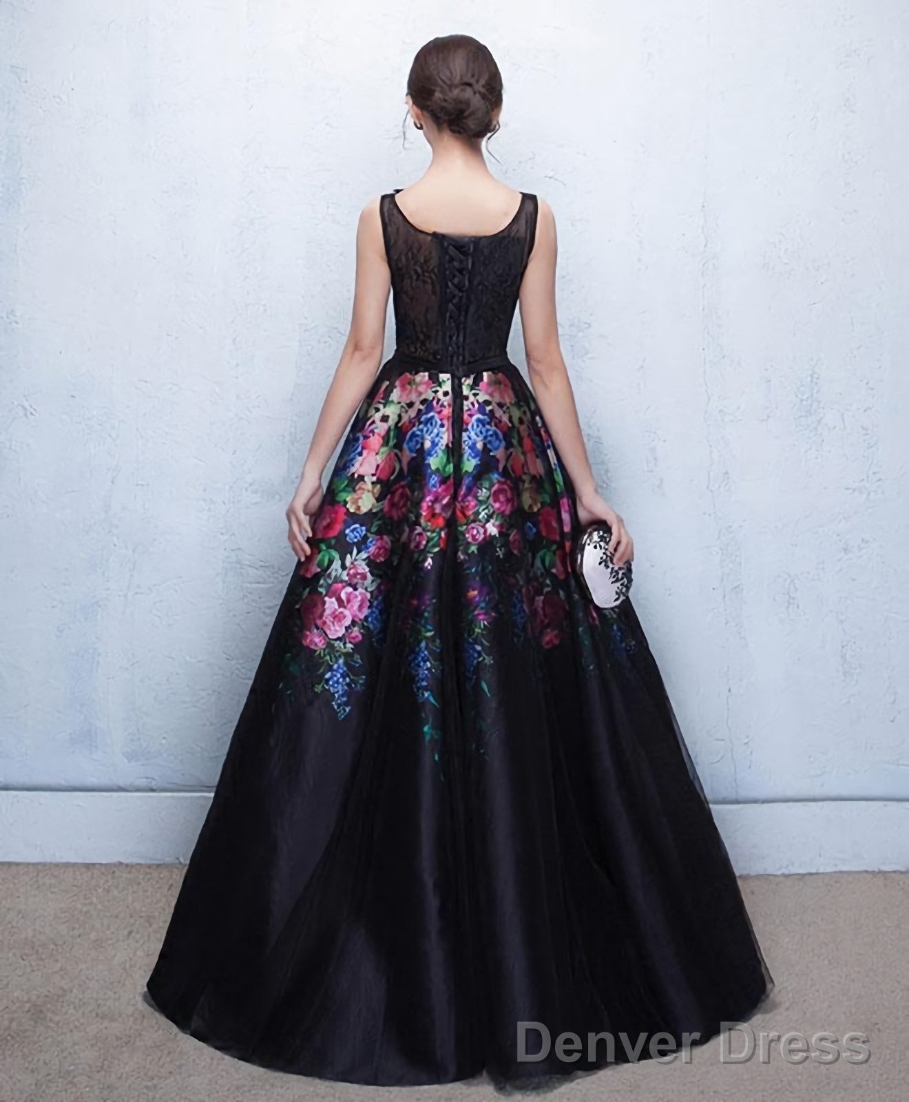 Black Floral Patterns Long Prom Dress Black Prom Dresses