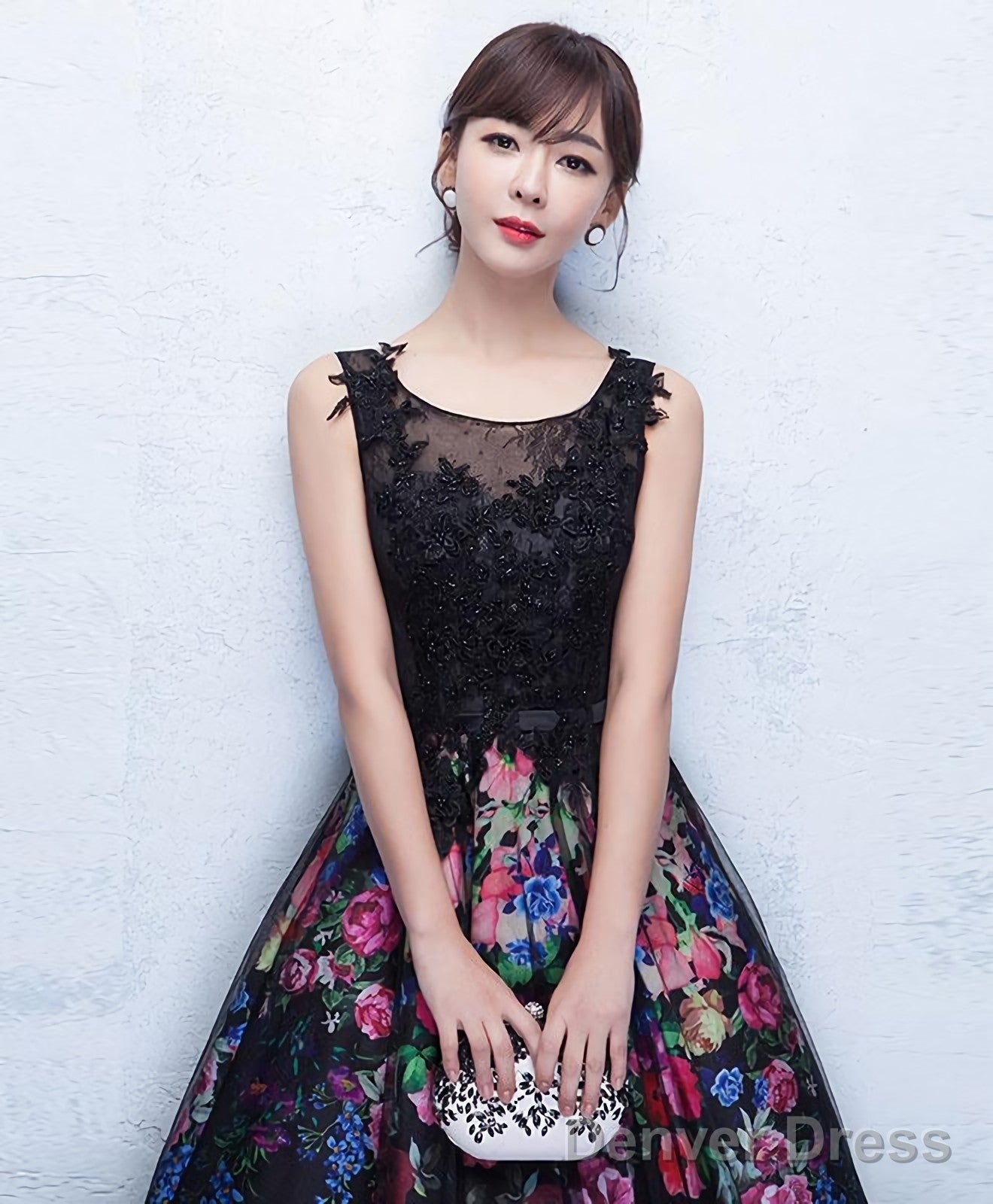 Black Floral Patterns Long Prom Dress Black Prom Dresses