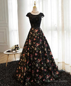 Black Lace Floral Patterns Long Prom Dress, Black Prom Dresses