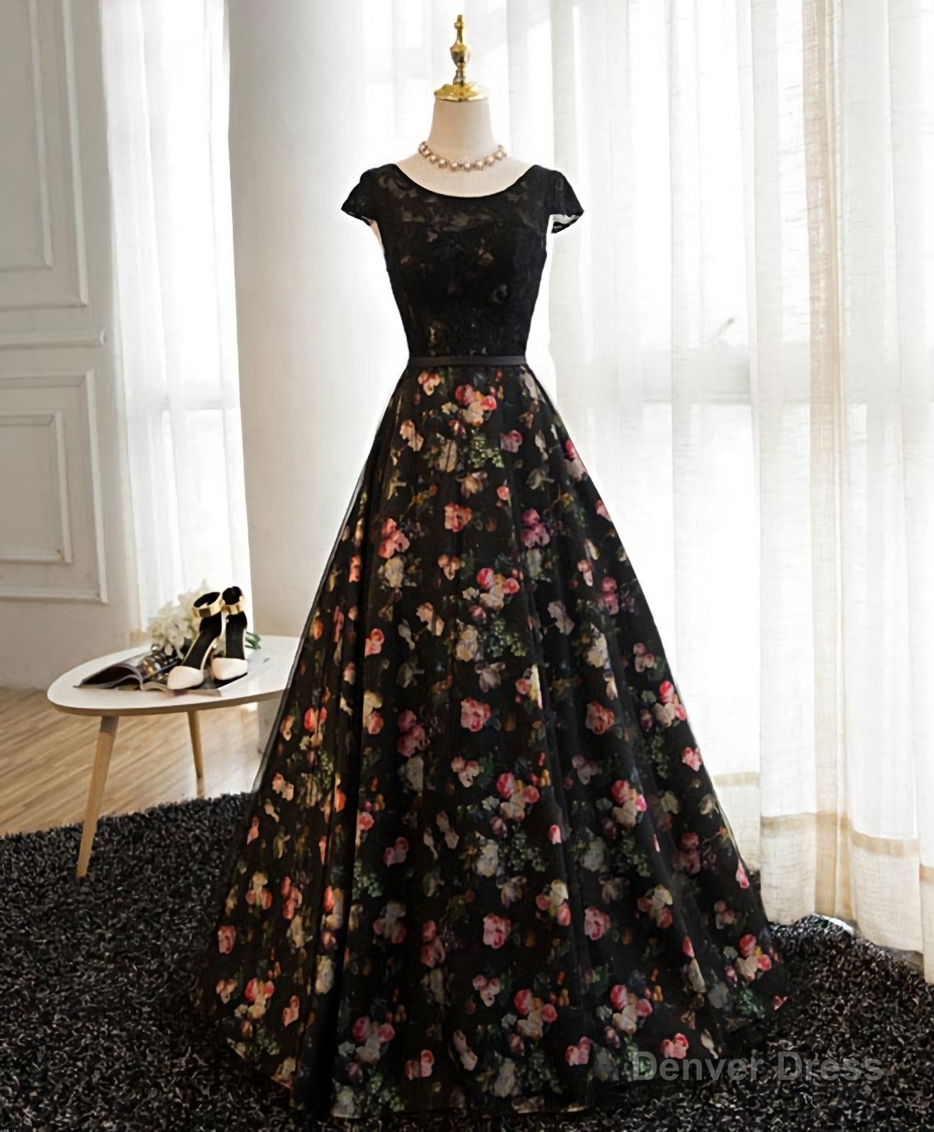 Black Lace Floral Patterns Long Prom Dress, Black Prom Dresses
