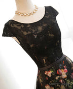 Black Lace Floral Patterns Long Prom Dress, Black Prom Dresses