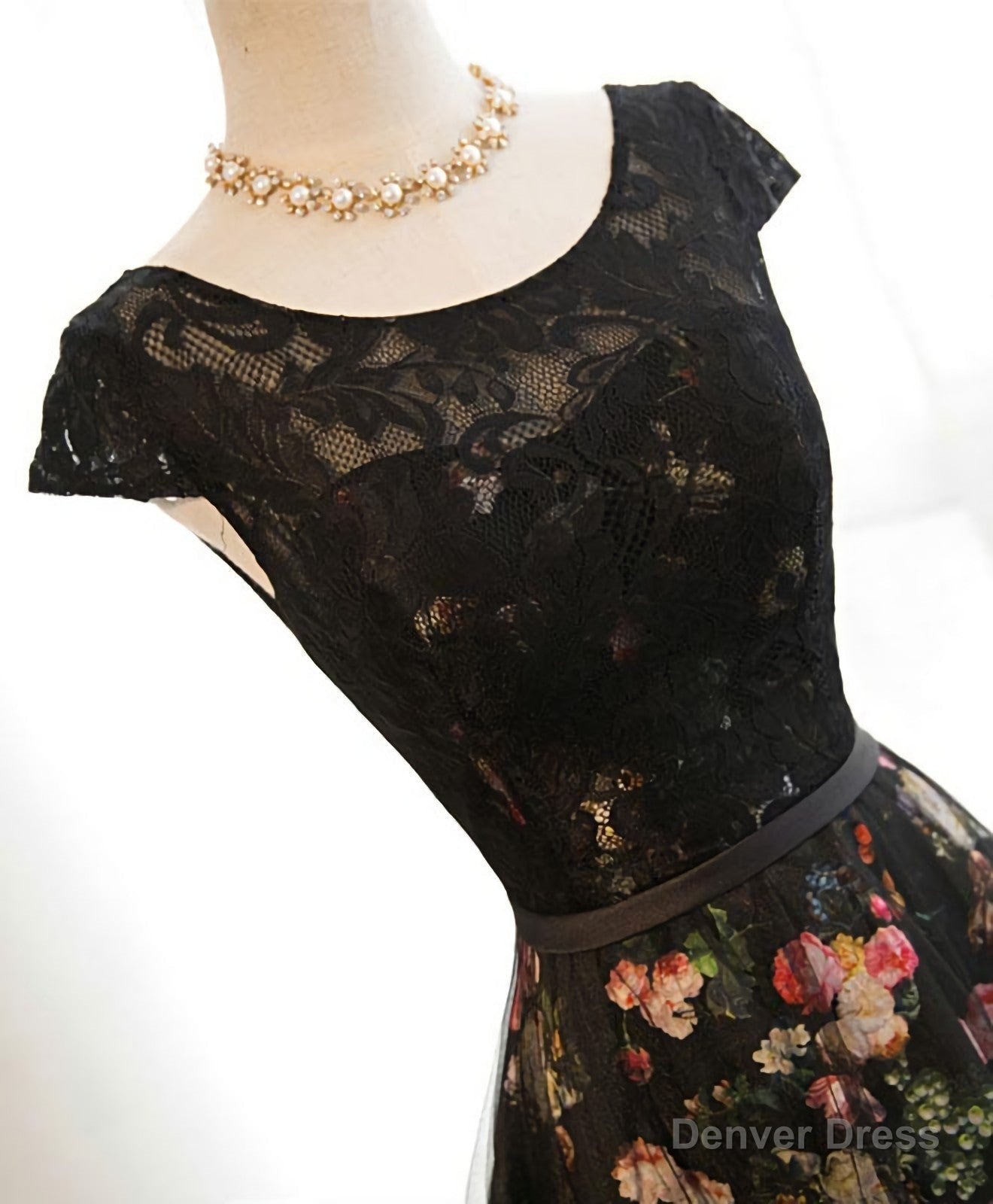 Black Lace Floral Patterns Long Prom Dress, Black Prom Dresses