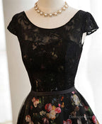 Black Lace Floral Patterns Long Prom Dress, Black Prom Dresses