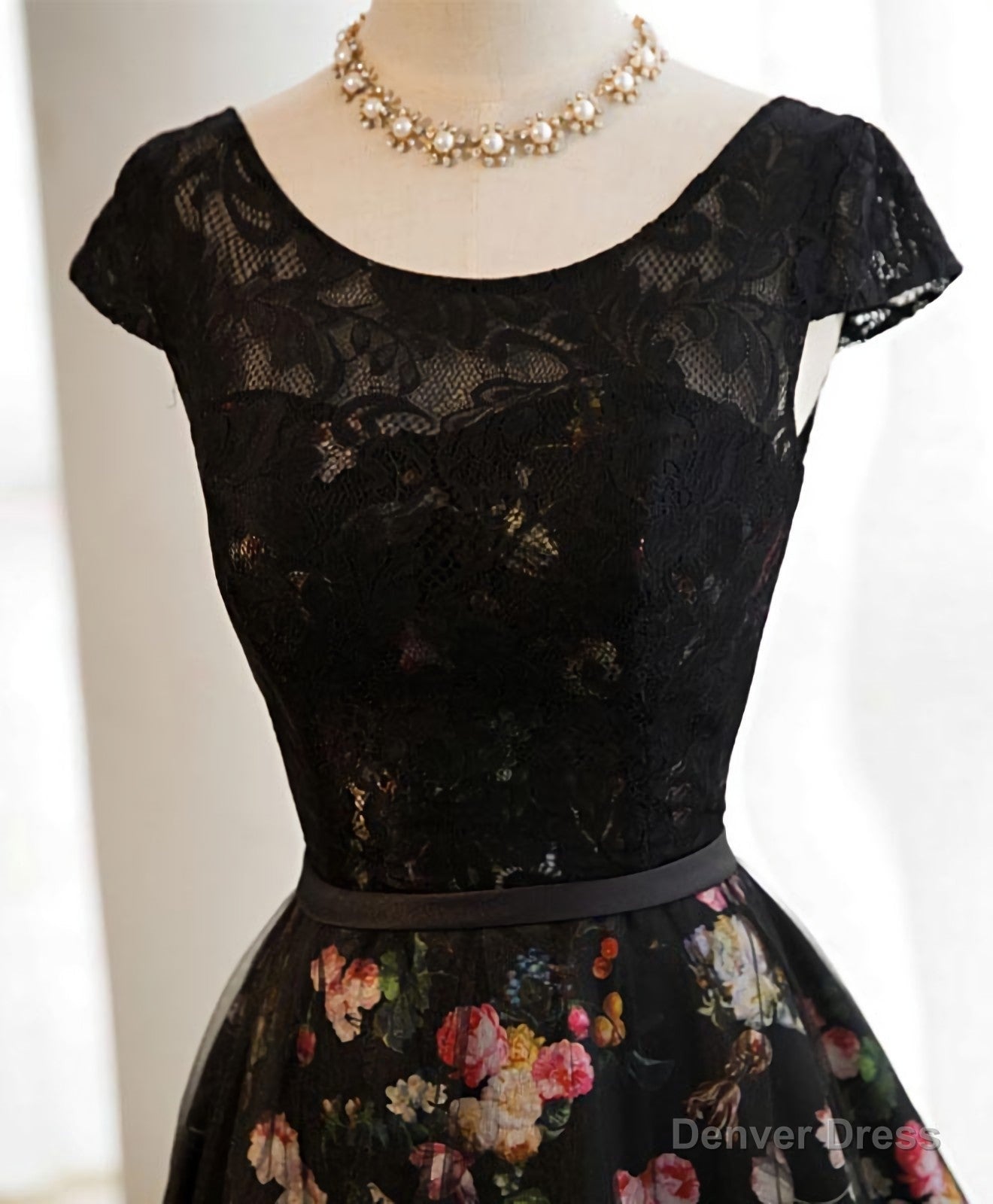 Black Lace Floral Patterns Long Prom Dress, Black Prom Dresses