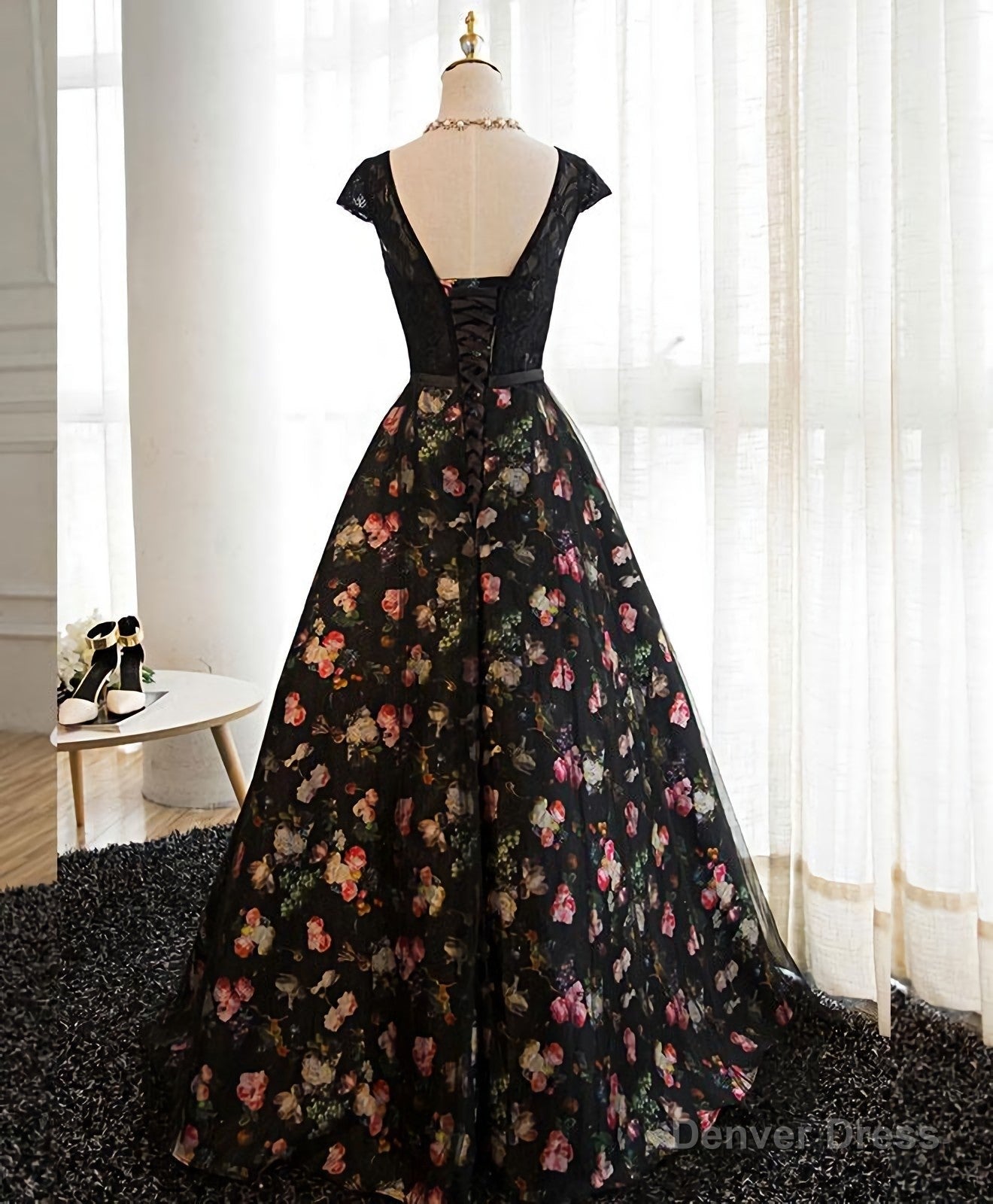 Black Lace Floral Patterns Long Prom Dress, Black Prom Dresses