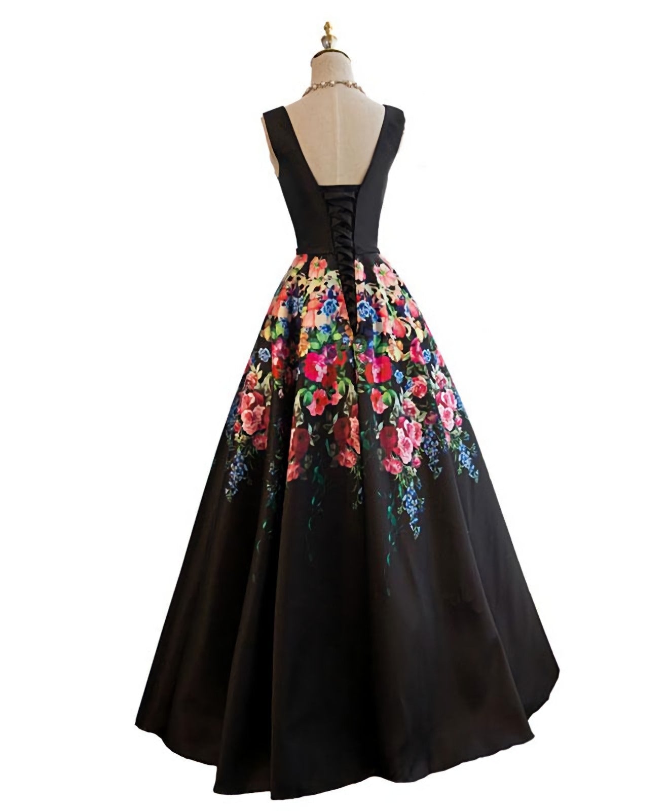 Black V Neck Floral Patterns Long Prom Dress, Black Prom Dresses