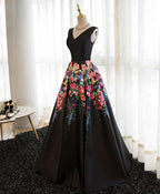 Black V Neck Floral Patterns Long Prom Dress, Black Prom Dresses