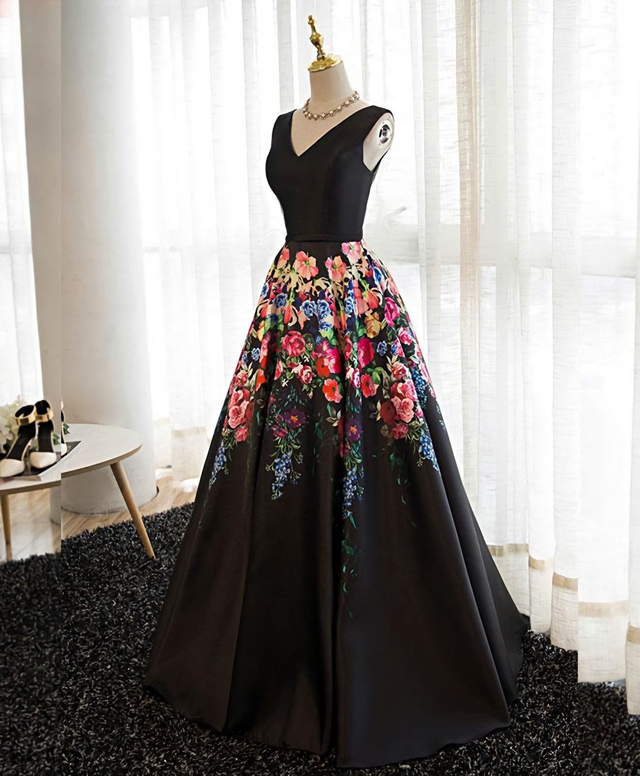 Black V Neck Floral Patterns Long Prom Dress, Black Prom Dresses
