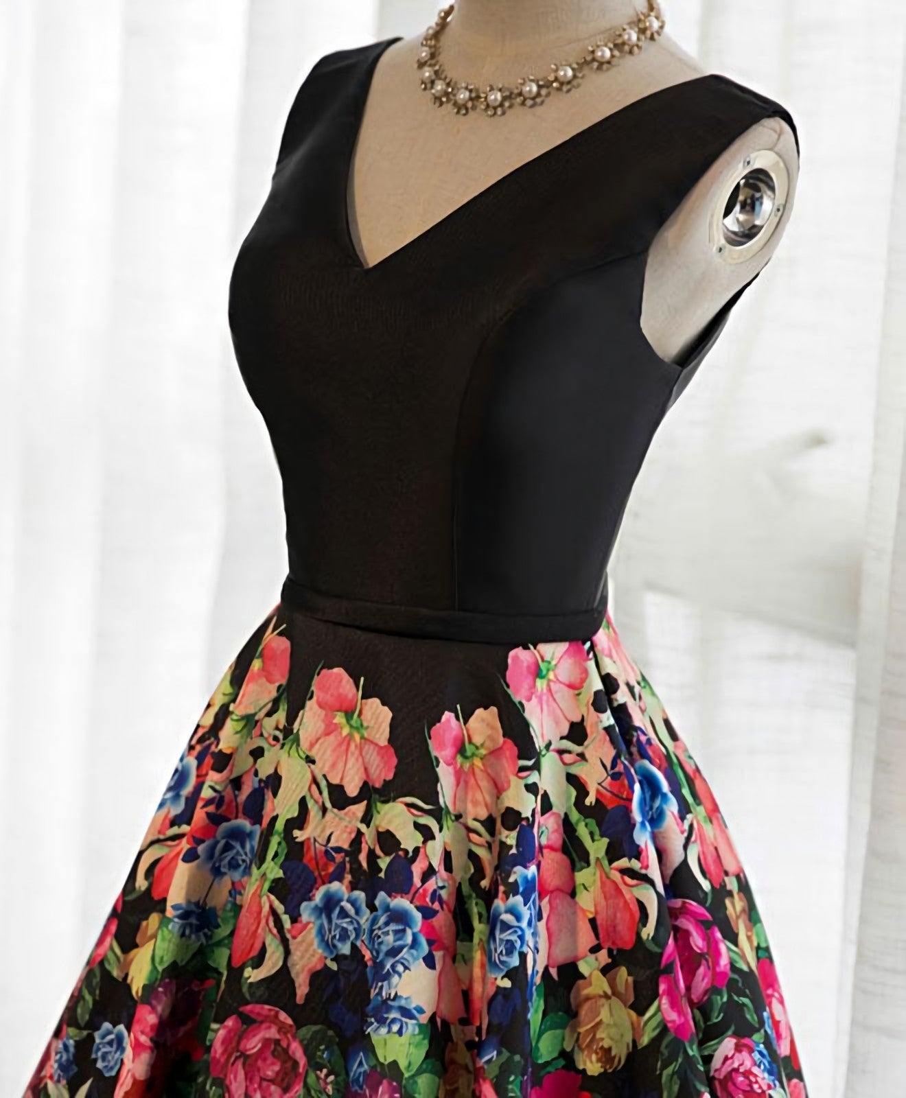 Black V Neck Floral Patterns Long Prom Dress, Black Prom Dresses