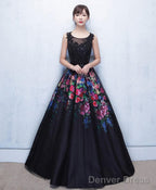 Black Floral Patterns Long Prom Dress Black Prom Dresses
