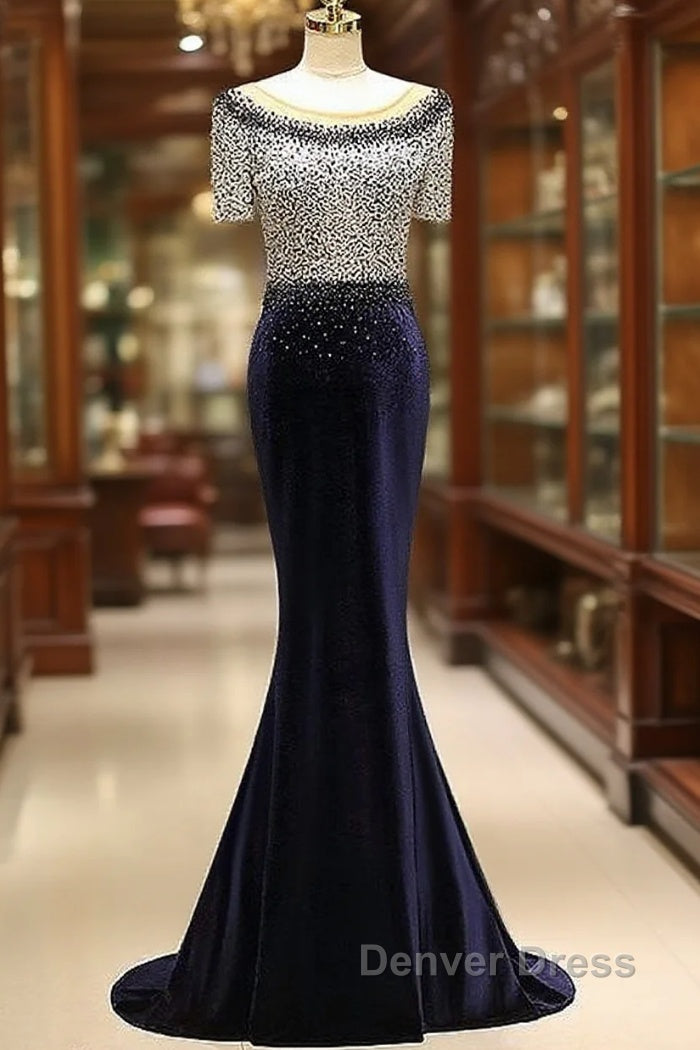 Fleece & Lace Scoop Short Sleeve Mermaid Prom Dresses