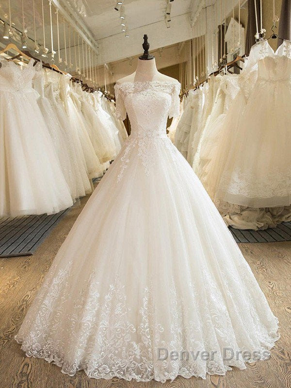 Floor Length Applique Ball Gown Off the Shoulder Lace Tulle 1/2 Sleeves Wedding Dresses Secondary image