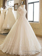 Floor Length Applique Ball Gowns Off the Shoulder Lace Tulle 1 2 Sleeves Wedding Dresses
