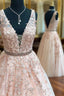 Floor Length Blush Pink Prom Dresses With Lace Appliques