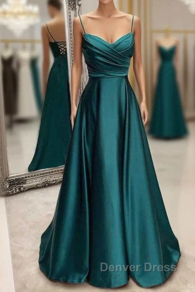 Floor-Length Satin Green Prom Dresses A-Line  With Pleated Main image