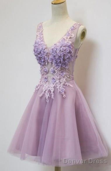 Floral A Line V Neck Knee Length Tulle Homecoming Dresses With Appliques
