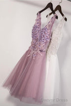 Floral A Line V Neck Knee Length Tulle Homecoming Dresses With Appliques