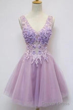 Floral A Line V Neck Knee Length Tulle Homecoming Dresses With Appliques