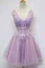 Floral A Line V Neck Knee Length Tulle Homecoming Dresses With Appliques