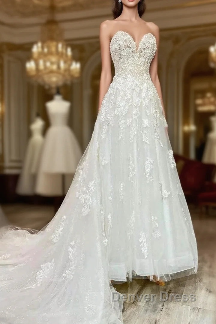 Floral Applique Sweetheart Long Wedding Dresses With Sweeping Train Main image