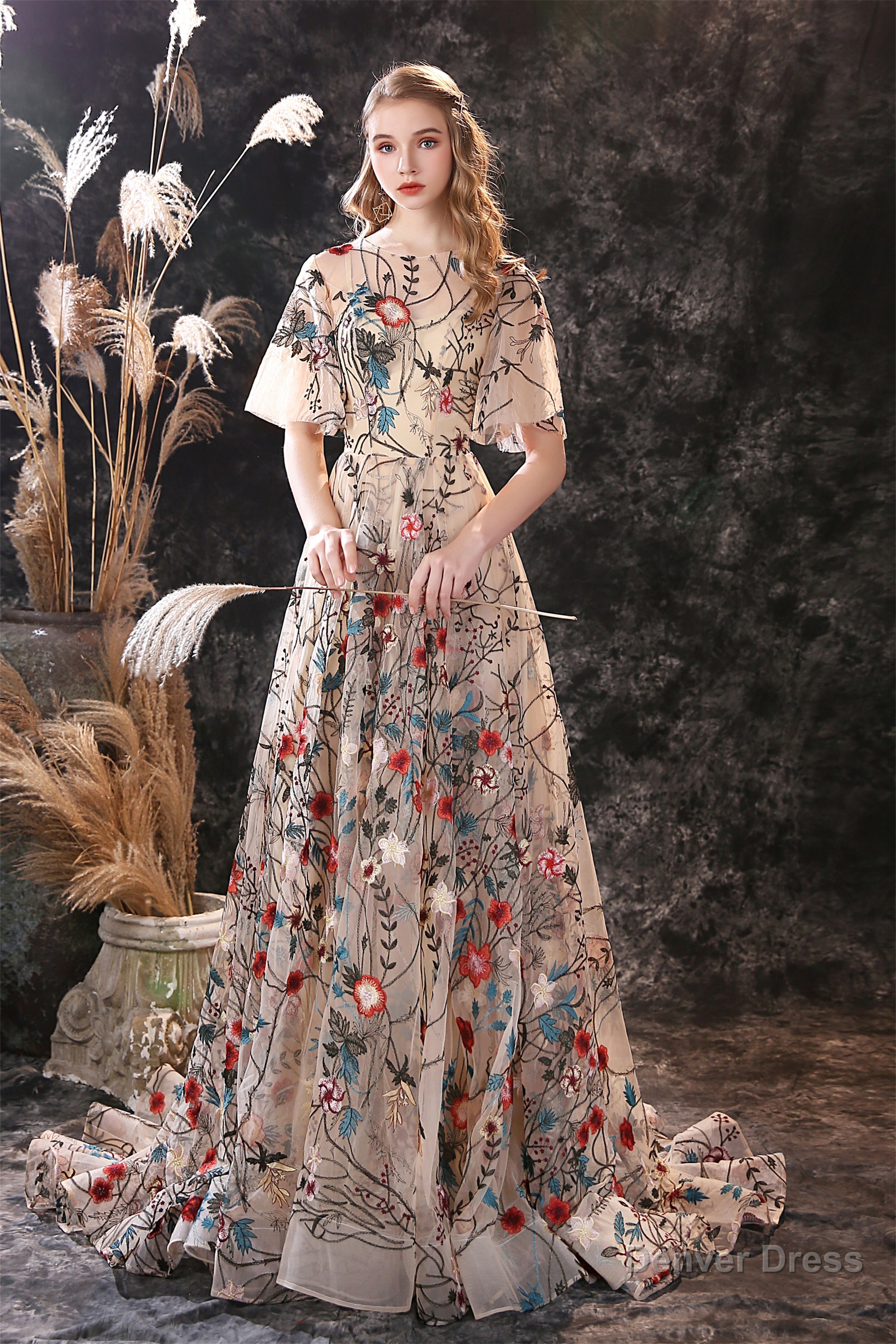Floral Embroidery Long Tulle Short Sleeve Train Prom Dresses Main image
