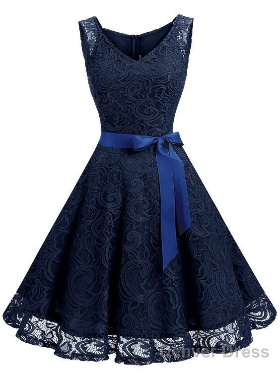 Floral Lace Belted Prom Swing Dress V Neck Sleeveless Homecoming Dresses