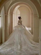 Floral Lace Off-Shoulder Fit And Flare Wedding Dress Long Sleeve Sparkly Elegant