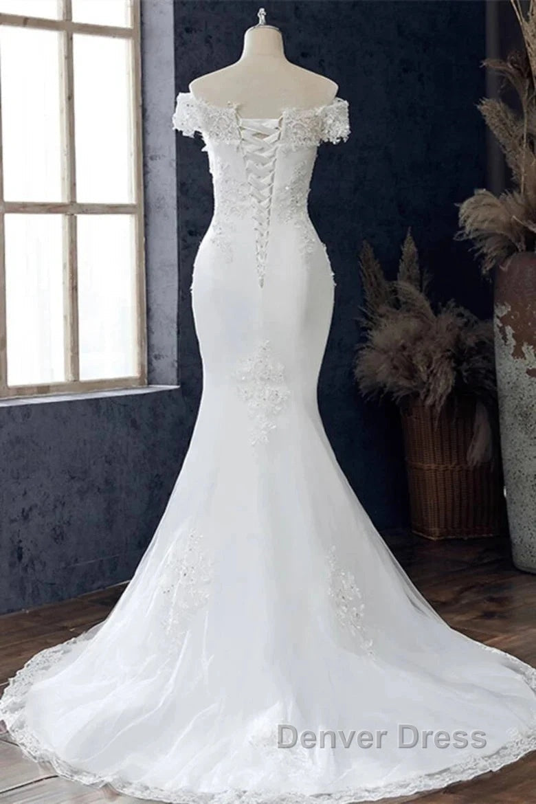 Floral Lace Off The Shoulder Trumpet Wedding Dresses Secondary image
