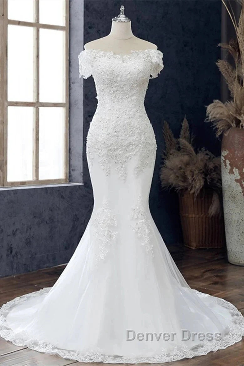 Floral Lace Off-The-Shoulder Trumpet Wedding Dresses
