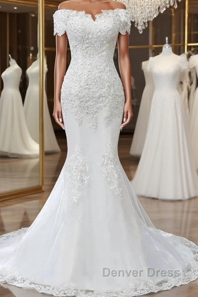 Floral Lace Off The Shoulder Trumpet Wedding Dresses