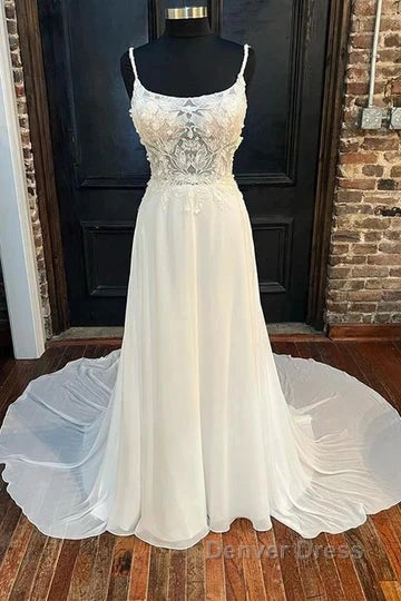 Floral Lace Scoop Neck Floor Length Wedding Dresses