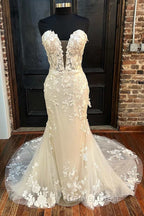 Floral Lace Strapless Mermaid Long Bridal Gowns Wedding Dresses Off Shoulder