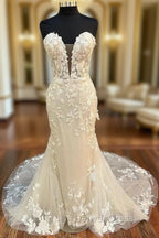 Floral Lace Strapless Mermaid Long Bridal Gown Wedding Dresses Off Shoulder