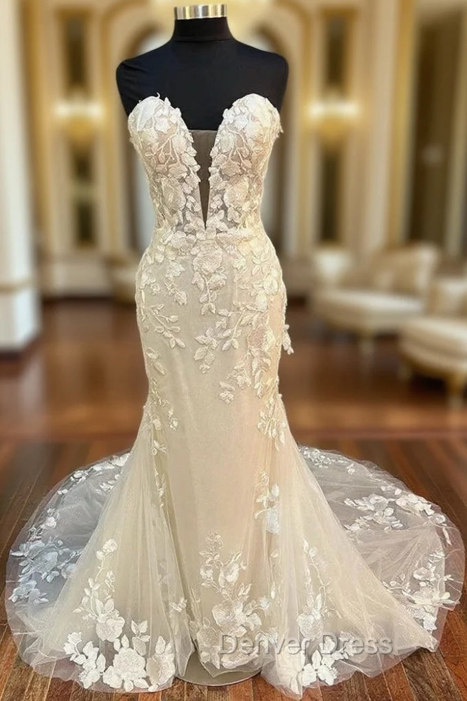 Floral Lace Strapless Mermaid Long Bridal Gown Wedding Dresses Off Shoulder