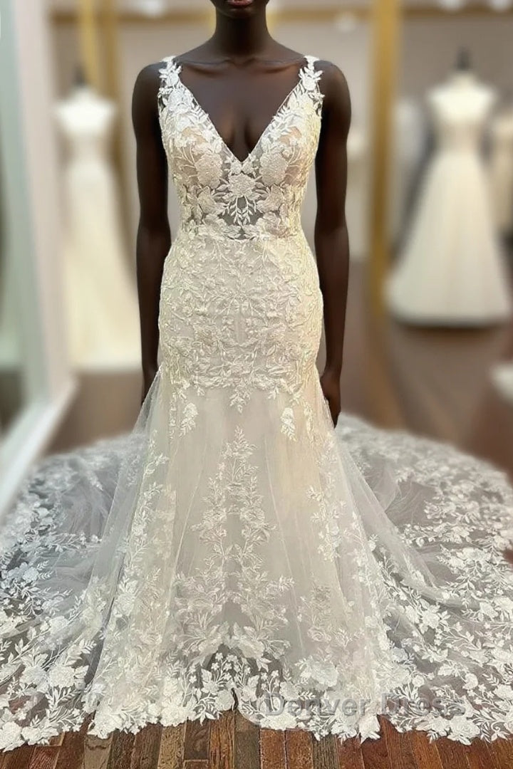Floral Lace V-Neck Trumpet Long Wedding Dresses