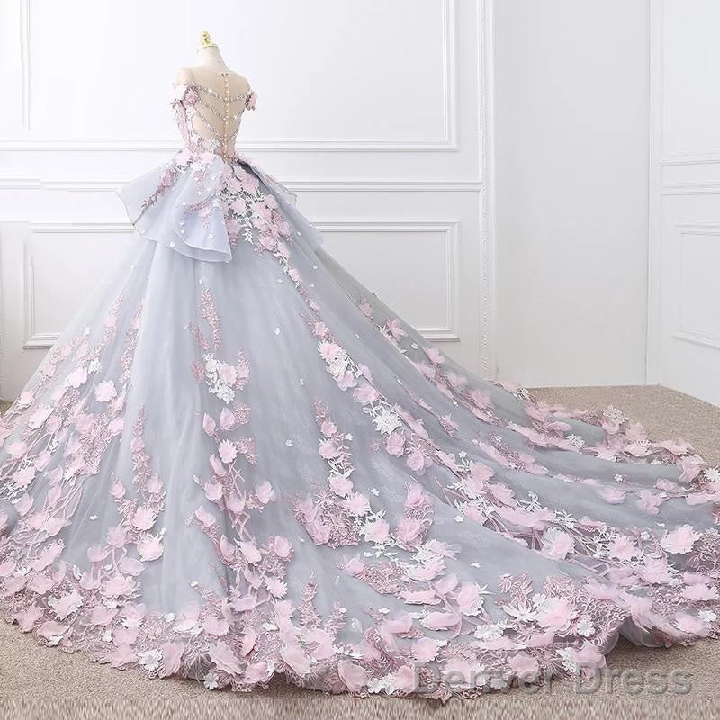 Floral Lace Wedding Dresses Ball Gowns With 3D Flowers