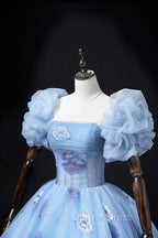 Floral Tulle Long Prom Dress, Blue Short Sleeve Prom Dresses