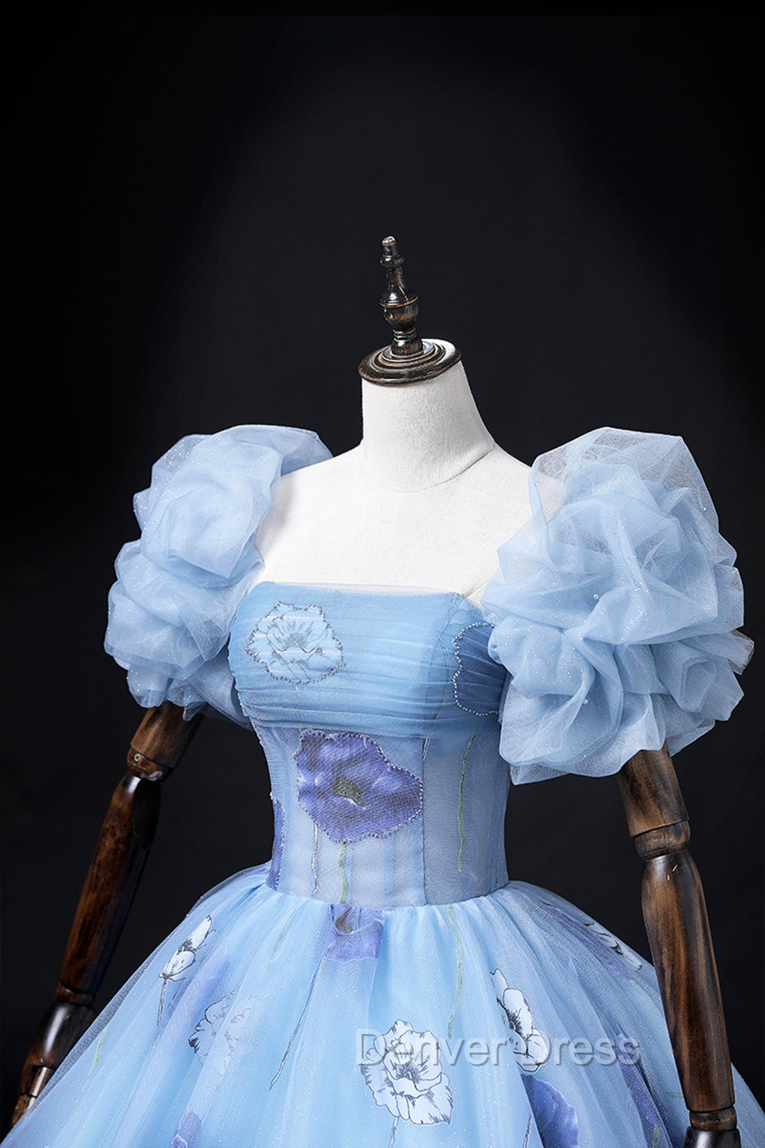 Floral Tulle Long Prom Dress, Blue Short Sleeve Prom Dresses