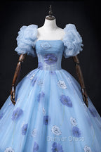 Floral Tulle Long Prom Dress, Blue Short Sleeve Prom Dresses