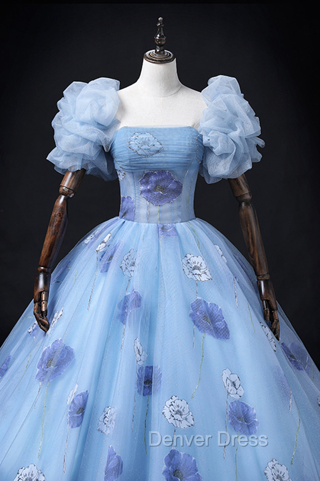 Floral Tulle Long Prom Dress, Blue Short Sleeve Prom Dresses