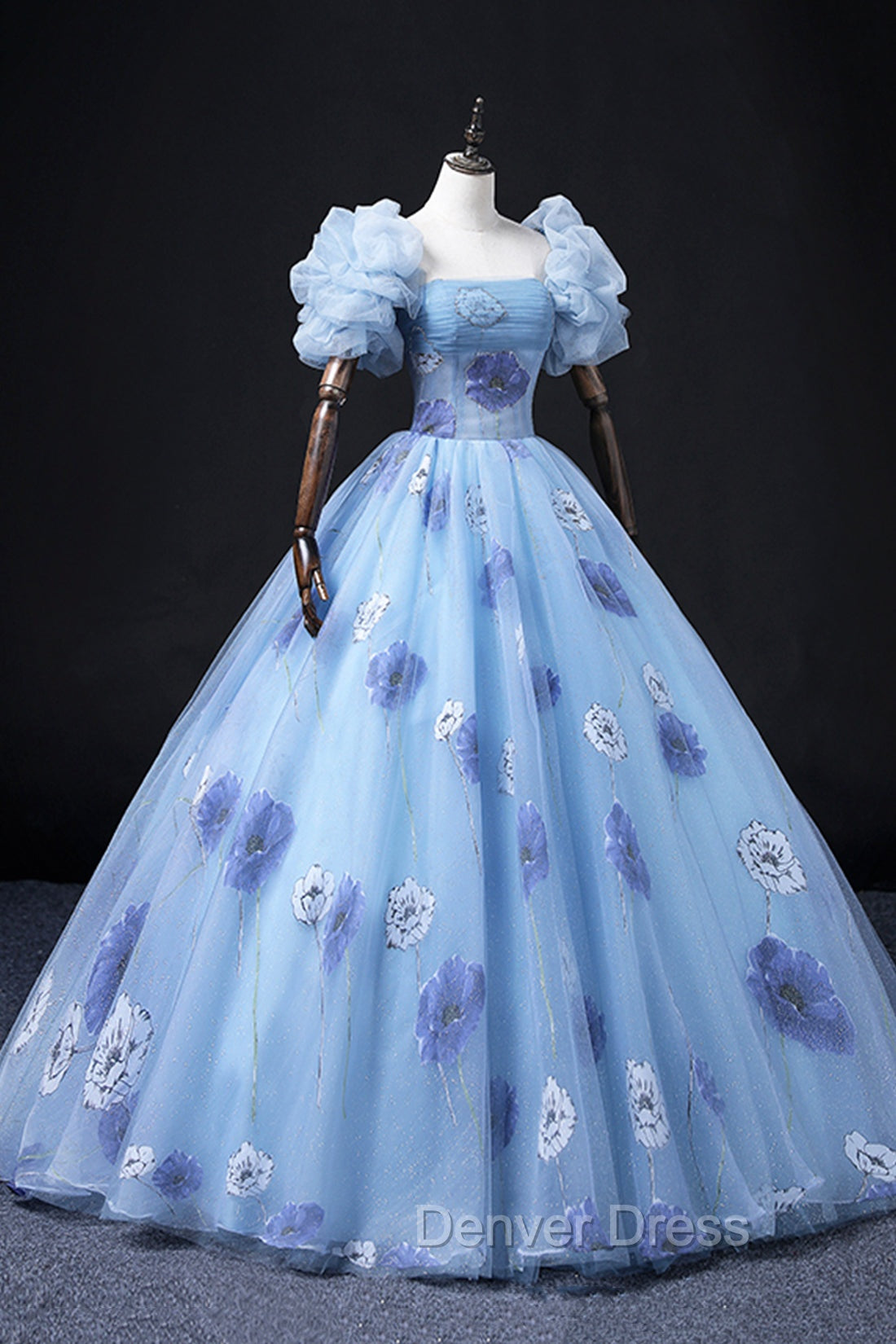 Floral Tulle Long Prom Dress, Blue Short Sleeve Prom Dresses