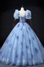 Floral Tulle Long Prom Dress, Blue Short Sleeve Prom Dresses