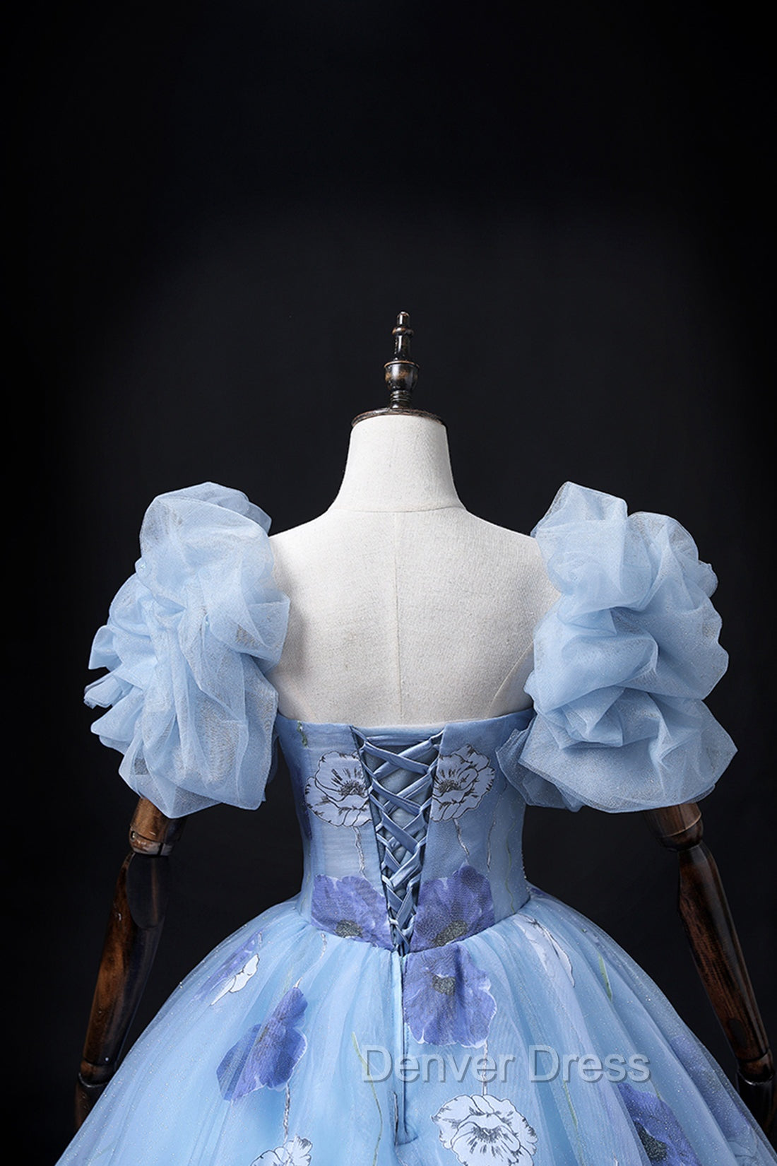 Floral Tulle Long Prom Dress, Blue Short Sleeve Prom Dresses