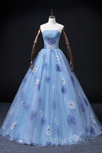 Floral Tulle Long Prom Dress, Blue Short Sleeve Prom Dresses